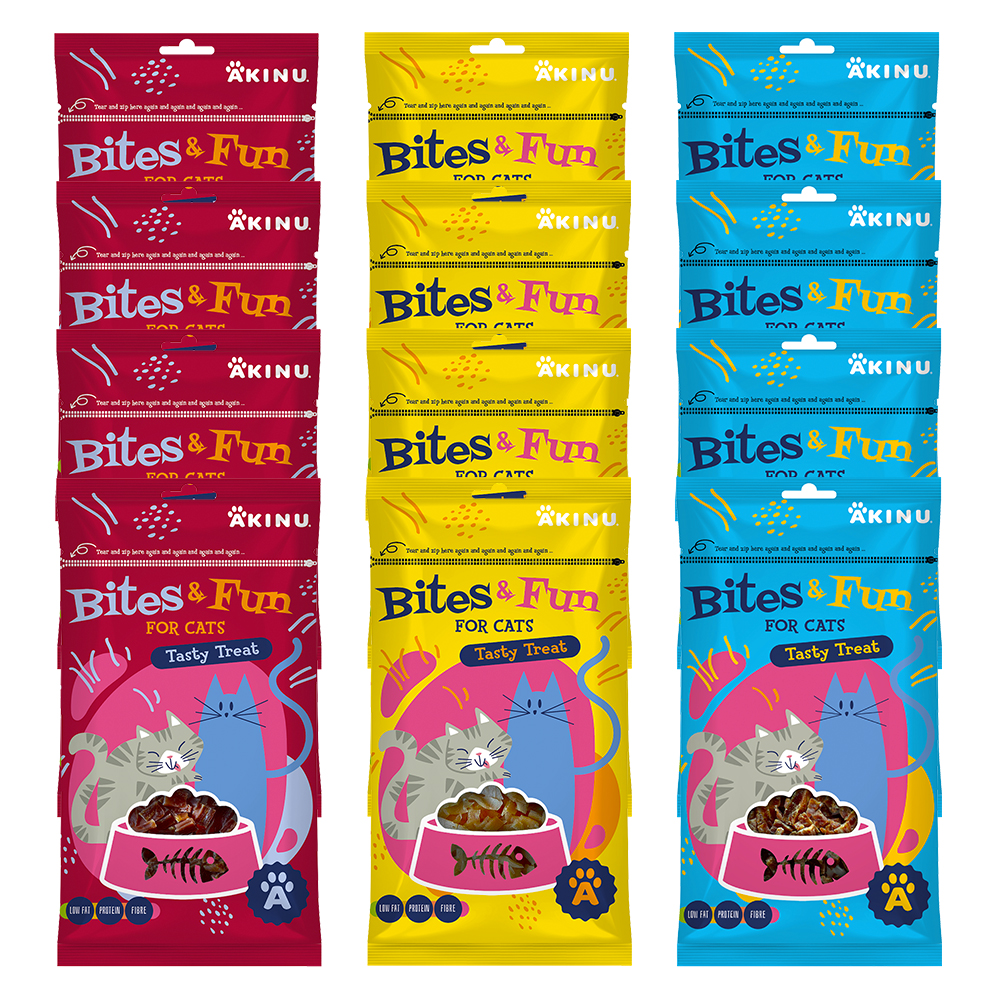 Akinu BITES & FUN Jehněčí & kuřecí & kachní pamlsek pro kočky 12 balení 60 g