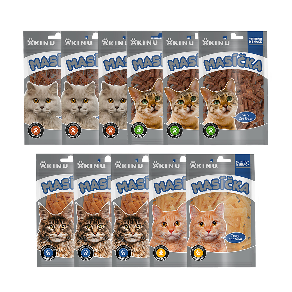 Akinu MASÍČKA Jehněčí & kachní & králičí & kuřecí pamlsek pro kočky 11 balení 50 g