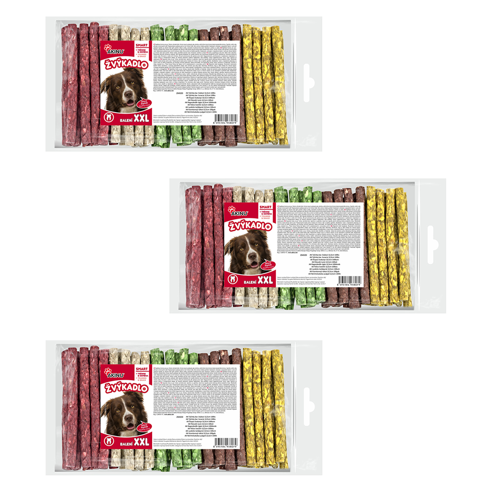 Akinu Tyčinky pamlsek pro psy vícebarevné žvýkací 12,5 cm 3 x 100 ks