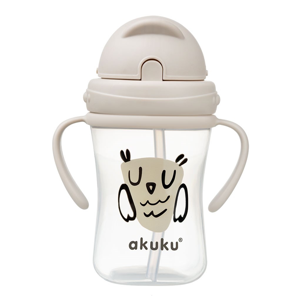 Akuku Lahvička/hrneček s úchyty a brčkem Sova 300 ml, béžová