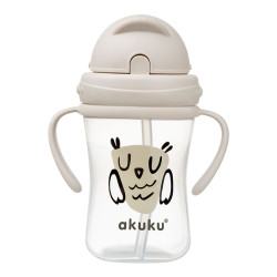 Akuku Lahvička/hrneček s úchyty a brčkem Sova 300 ml, béžová