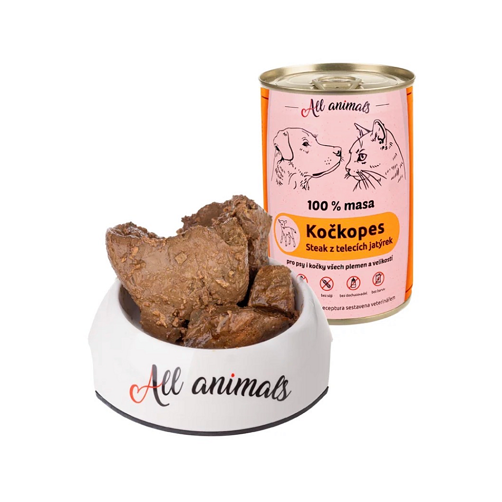 ALL ANIMALS Kočkopes telecí játra steak konzerva pro psy a kočky 400 g