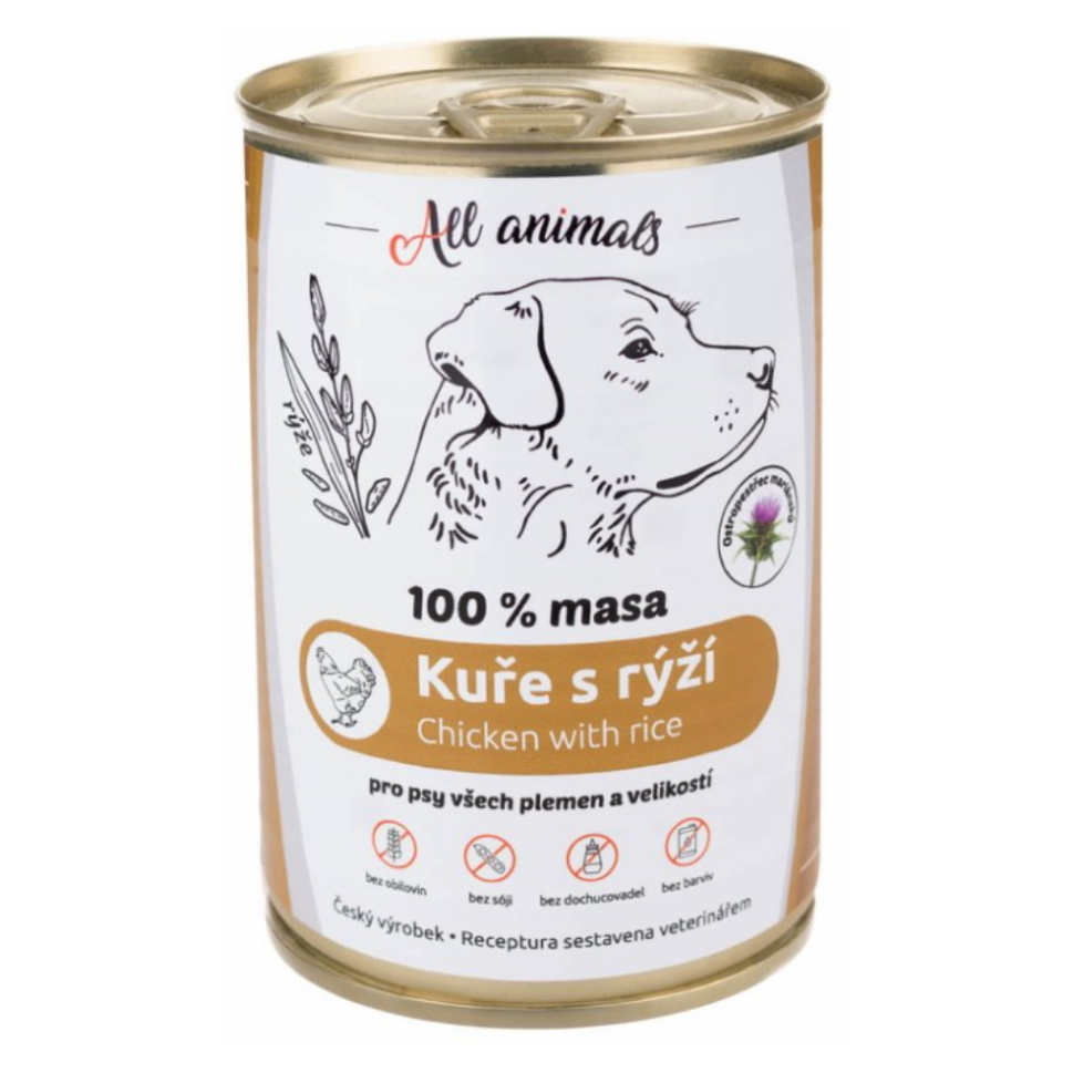 ALL ANIMALS konzerva kuřecí mleté s rýží pro psy 400 g