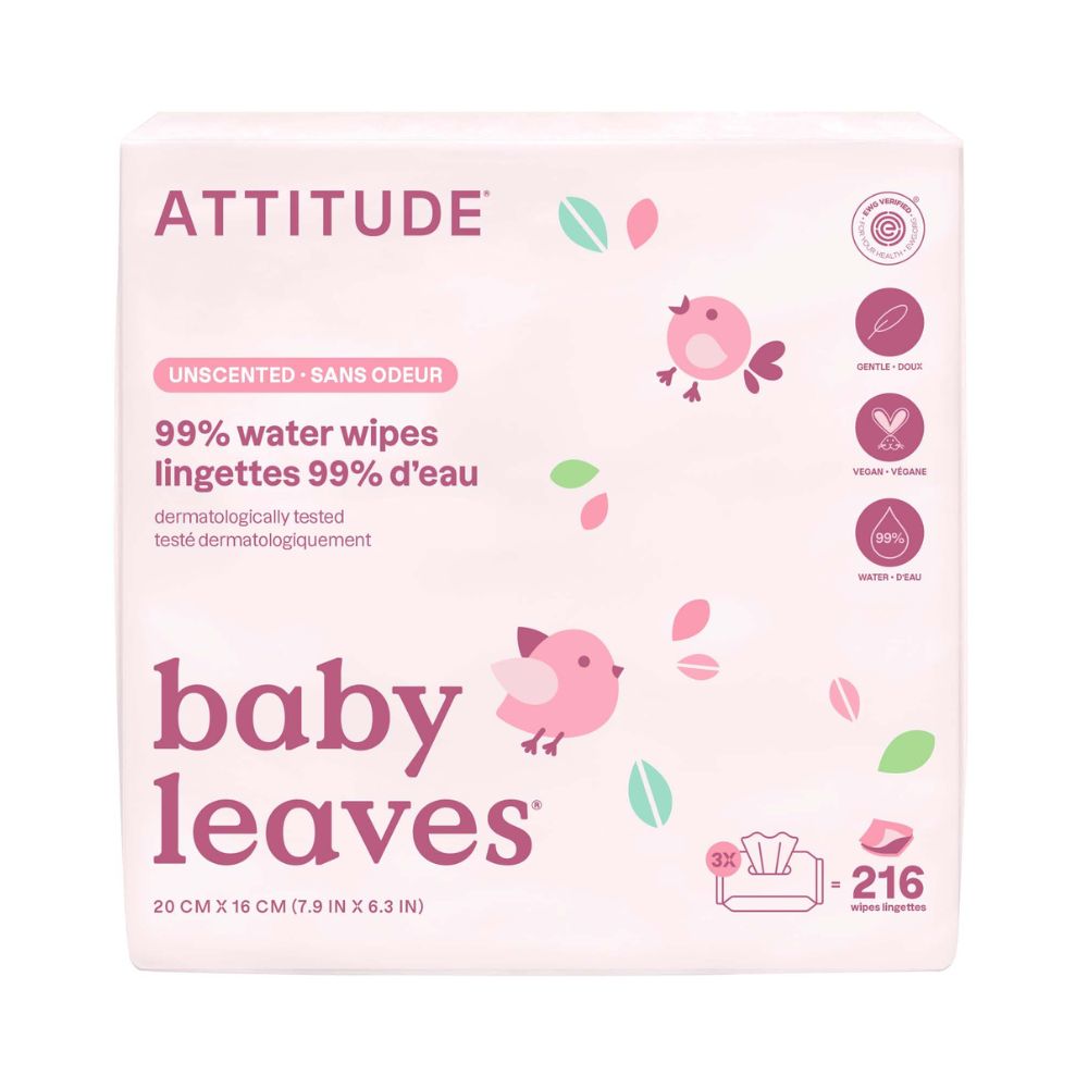 ATTITUDE Baby Leaves Vlhčené ubrousky 99% vody bez vůně 3x72 ks