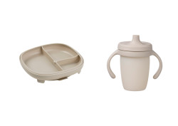 B.BOX Dělený talířek s přísavkou + Silikonový hrneček s pítkem 240 ml - set béžový