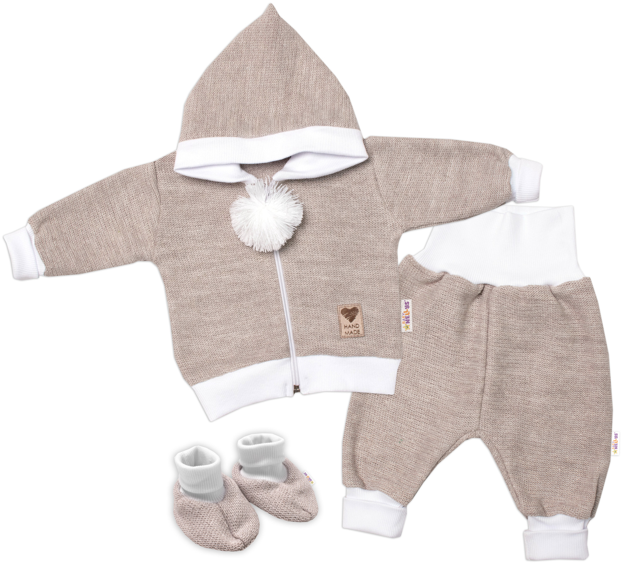 Baby Nellys 3D sada Hand made, kabátek, kalhoty, botičky, béžová