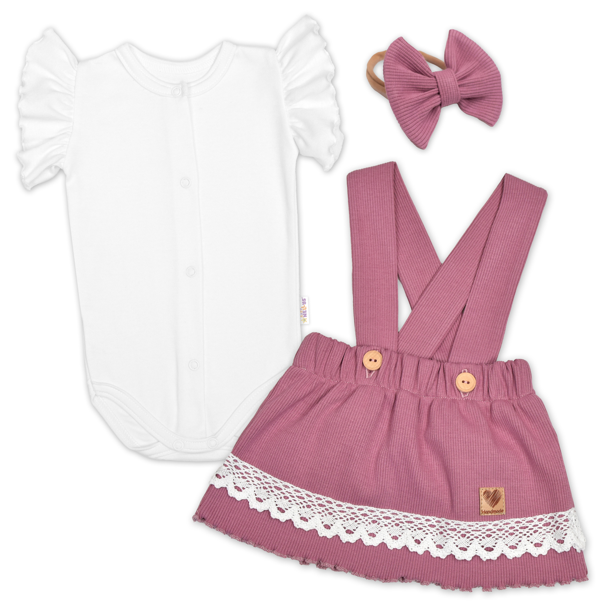Baby Nellys 3D sada LADY, body kr. rukáv, suknička s láclem, čelenka, šeříková/bílá, 74