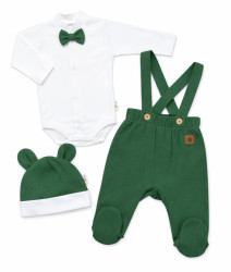 Baby Nellys Bavlněná souprava Gentleman 3D, body, polodupačky s láclem, čepička, tm. zelená