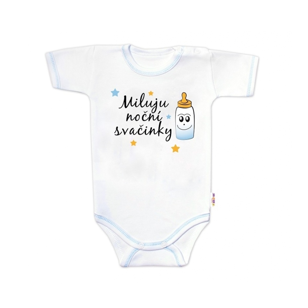 Baby Nellys Body krátký rukáv s vtipným textem, Miluju noční svačinky, modrá vel. 68