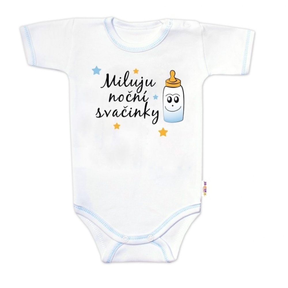 Baby Nellys Body krátký rukáv s vtipným textem, Miluju noční svačinky, vel. 86, kluk