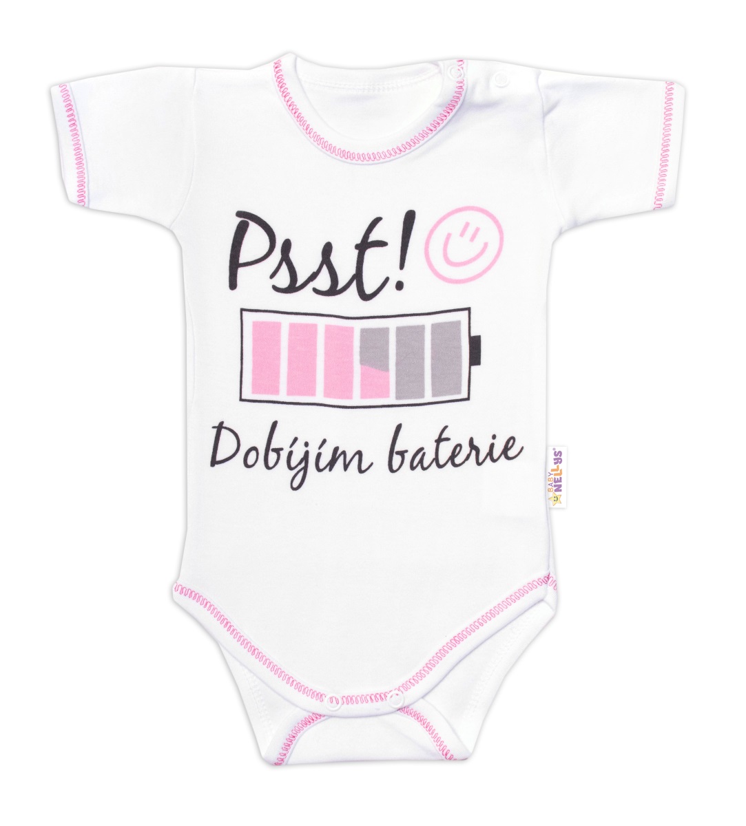 Baby Nellys Body krátký rukáv s vtipným textem, Psst! Dobíjím baterie, holka Vel. 86
