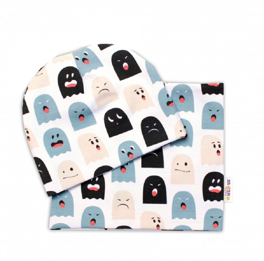 Baby Nellys Dvouvrstvá čepice + komínek Příšerky, bílá/mátová, vel. 92/98