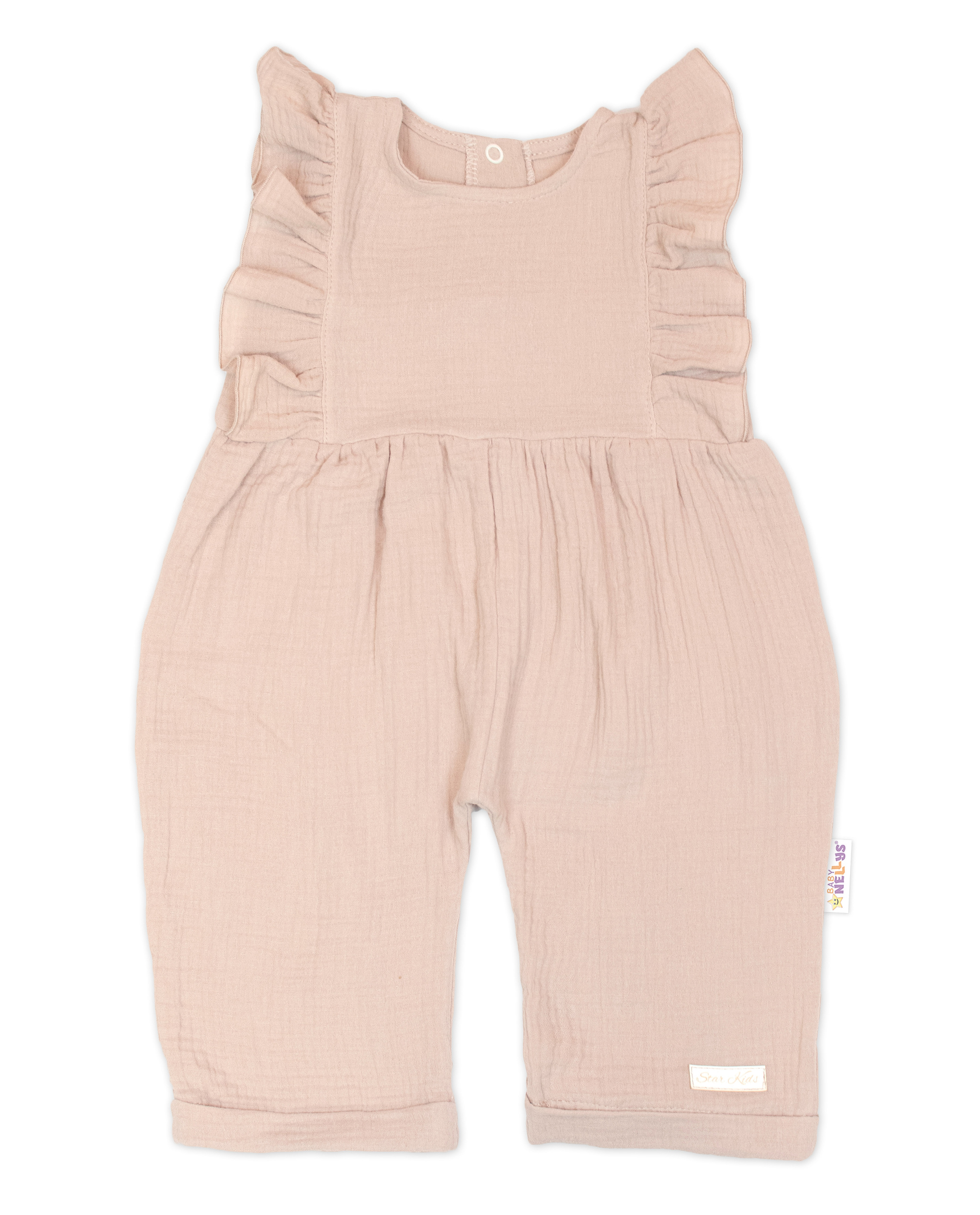 Baby Nellys Letní mušelínový overálek pro holčičky s volánkem Star - béžový, vel. 104