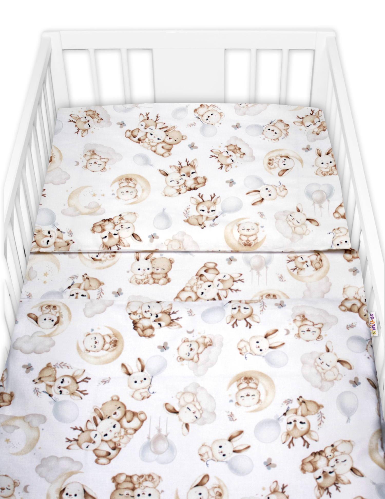 Baby Nellys Mantinel s povlečením do postýlky, 3D sada - Sny zvířátek, bílá/hnědá