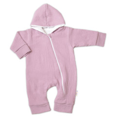 Baby Nellys Mušelinový overálek s kapucí, dvouvrstvý, Hand Made, pudrový/růžový, vel. 62 vel.  62