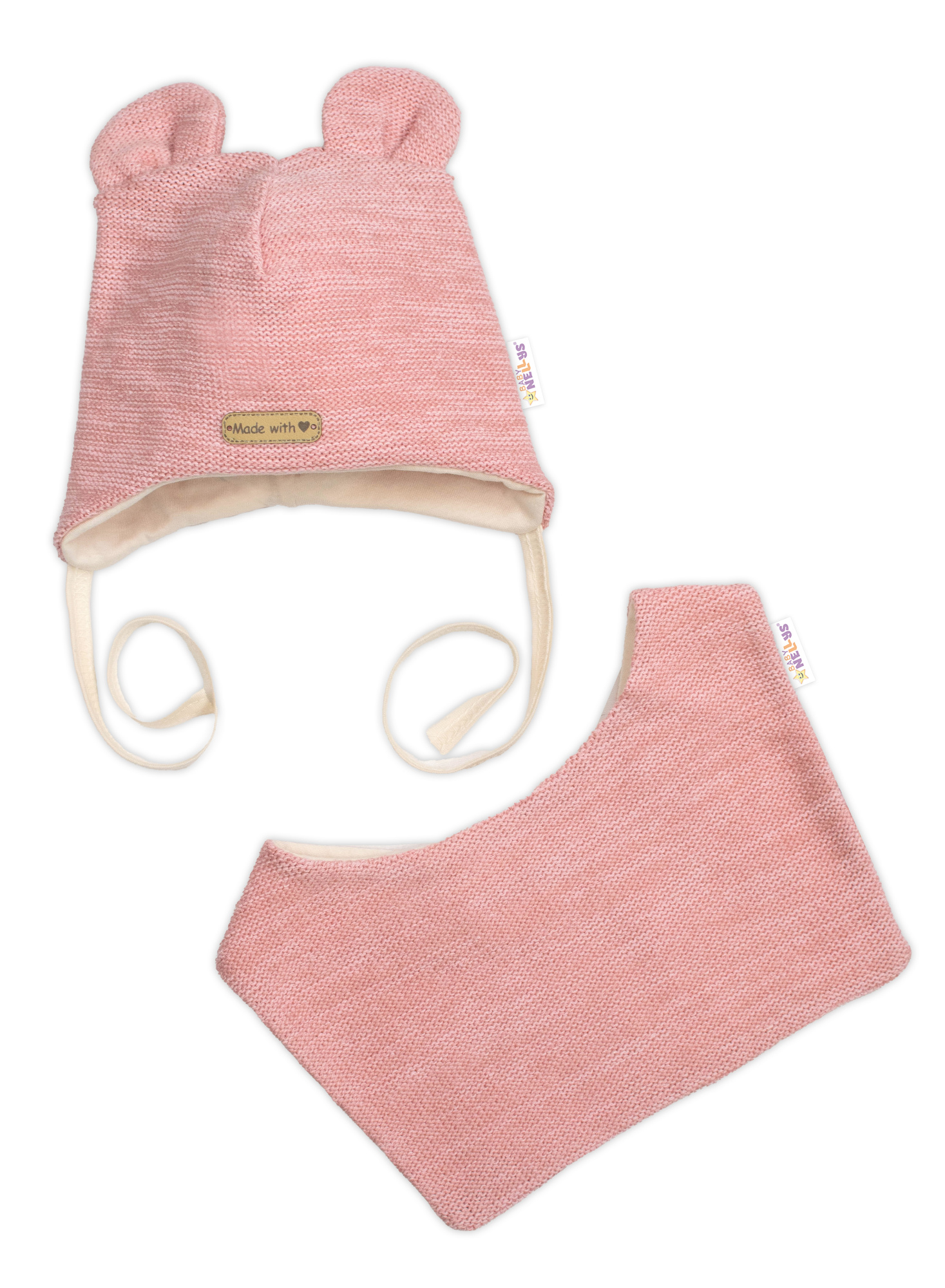 Baby Nellys Pletená čepice s šátkem 2v1, Teddy Hand made - růžová, 80/86