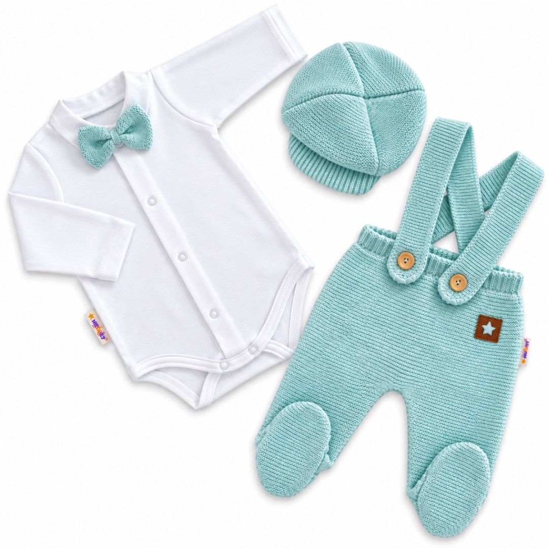 Baby Nellys Pletená souprava Gentleman 3D, body, polodupačky s láclem, čepička, mátová, 62