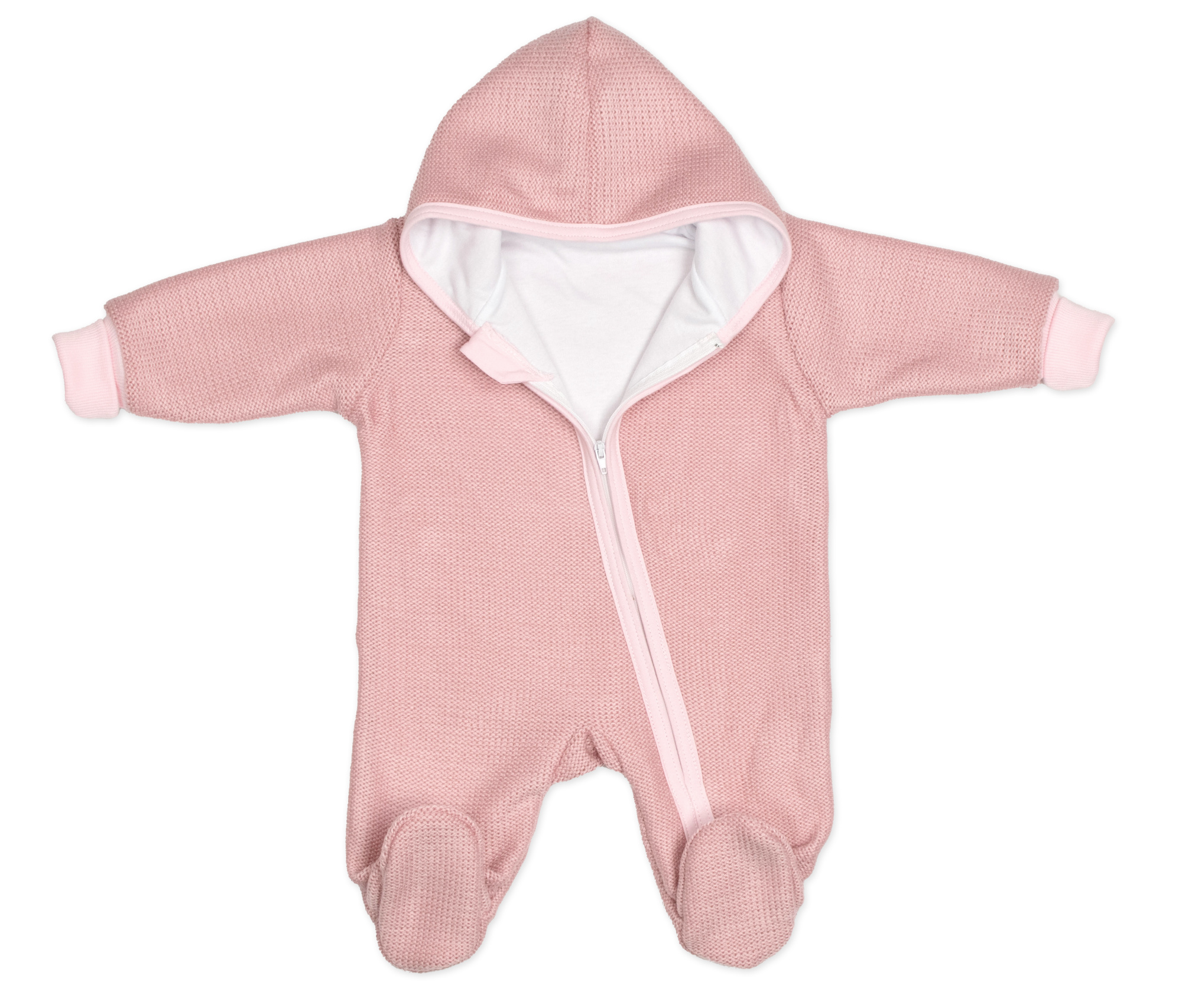 Baby Nellys Pletený overal s kapucí, CUTE - pudrově růžový, vel.56
