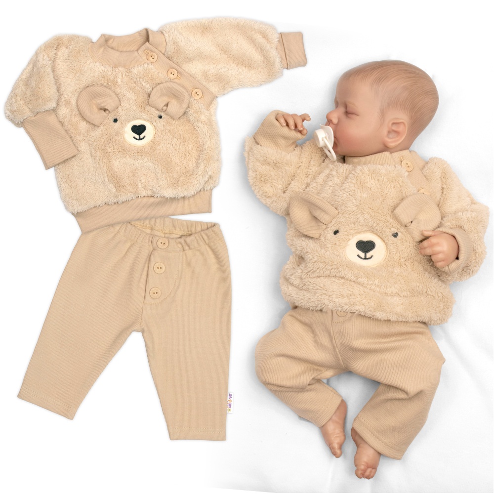 Baby Nellys Rostoucí chlupáčková mikina a kalhoty Medvídek, 2D béžová