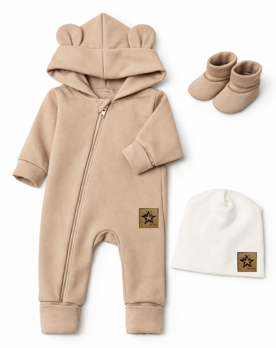 Baby Nellys Rostoucí oteplený overál s čepičkou a botičkami, 3D - béžový, vel. 80/86