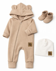 Baby Nellys Rostoucí oteplený overál s čepičkou a botičkami, 3D - béžový, vel. 80/86