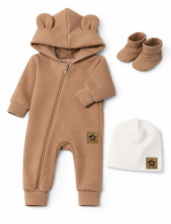 Baby Nellys Rostoucí oteplený overál s čepičkou a botičkami, 3D - karamelový, vel. 68/74