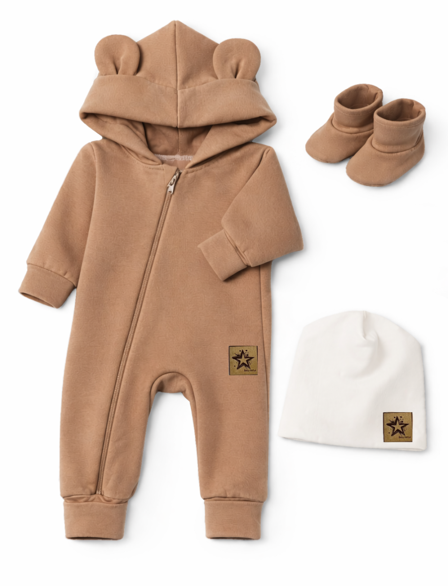 Baby Nellys Rostoucí oteplený overál s čepičkou a botičkami, 3D - karamelový, vel. 80/86