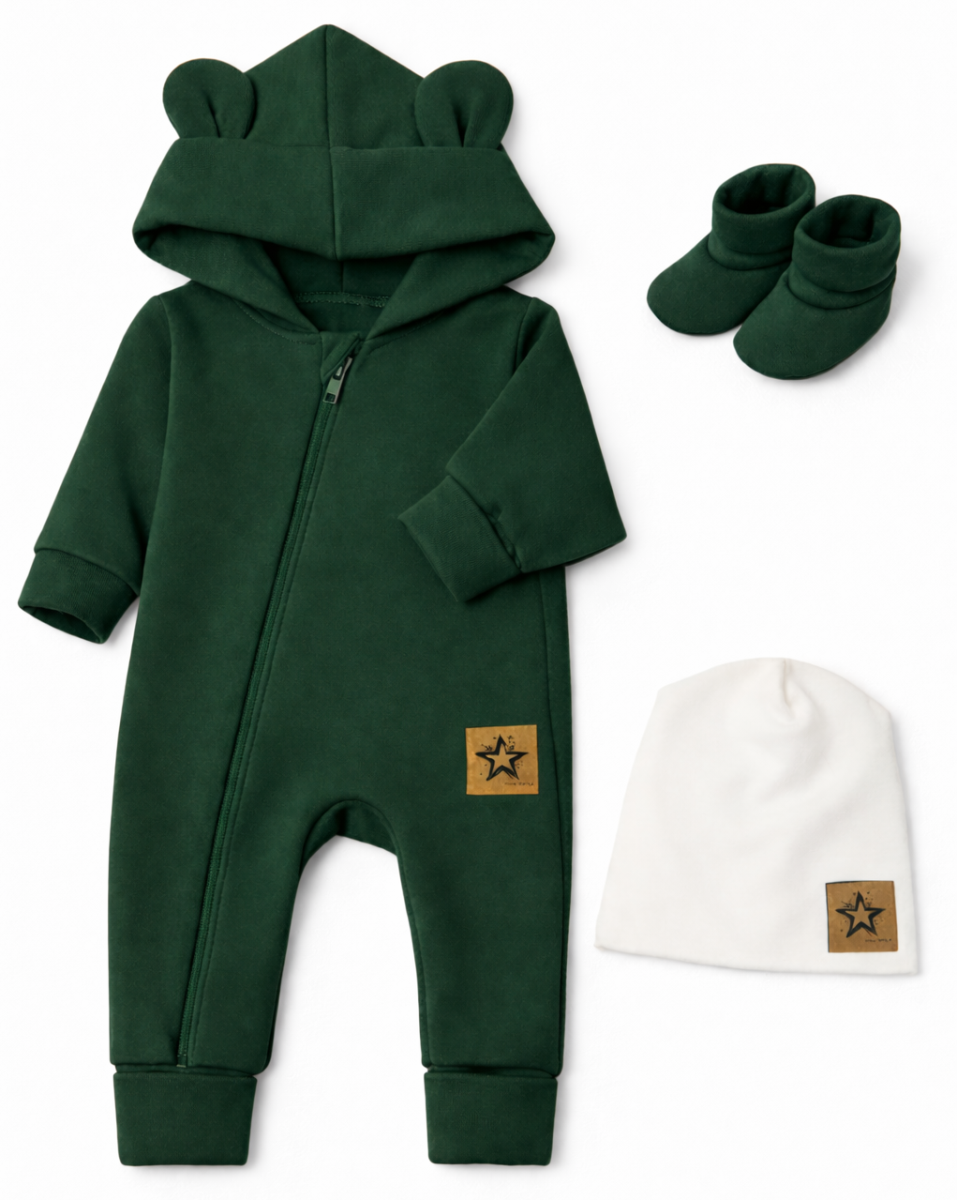 Baby Nellys Rostoucí oteplený overál s čepičkou a botičkami, 3D - tm. zelený, vel. 80/86