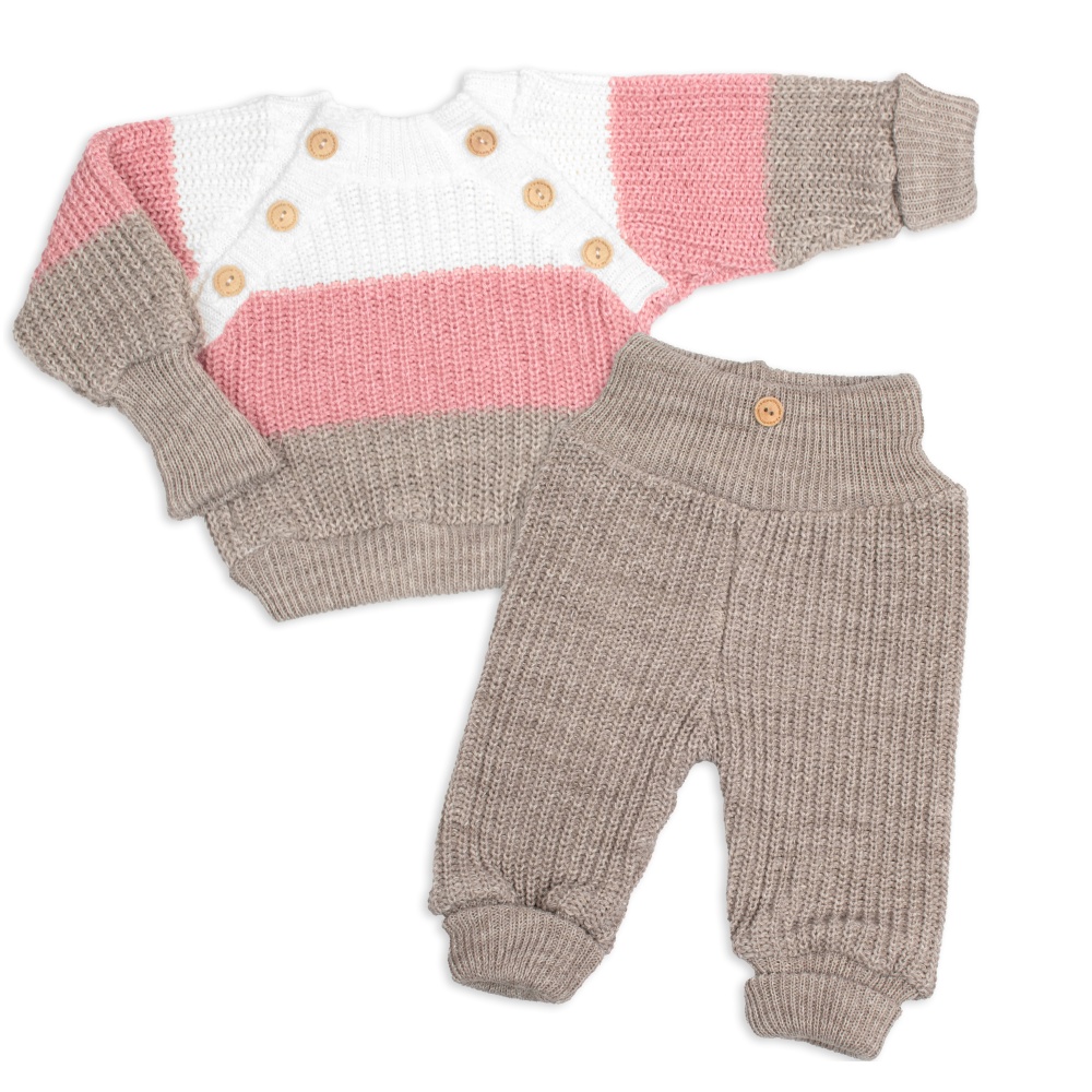 Baby Nellys Rostoucí pletený svetřík a kalhoty s knoflíčky Girl, 2D - proužky, vel. 68/74