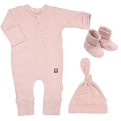 Baby Nellys Rostoucí žebrovaný overálek, čepička a botičky, 3D, Nature