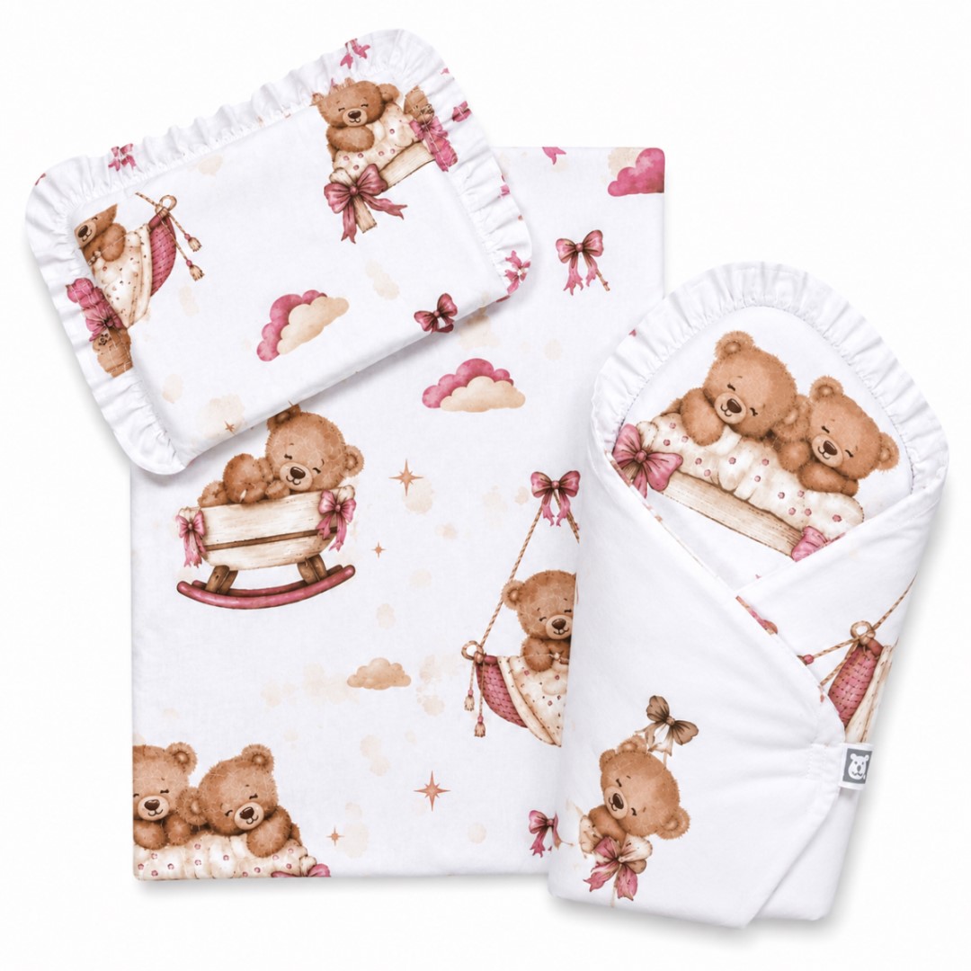Baby Nellys Sada pro panenku 3D, zavinovovačka, peřinka a polštářek, Medvidcí, růžová