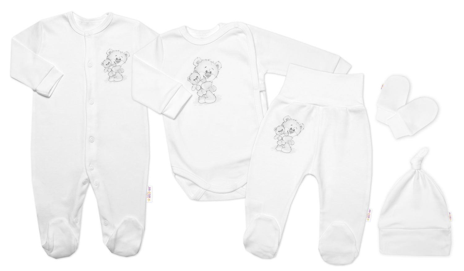 Baby Nellys Soupravička do porodnice pro miminko, 5D, Little Teddy, bílá, vel. 56