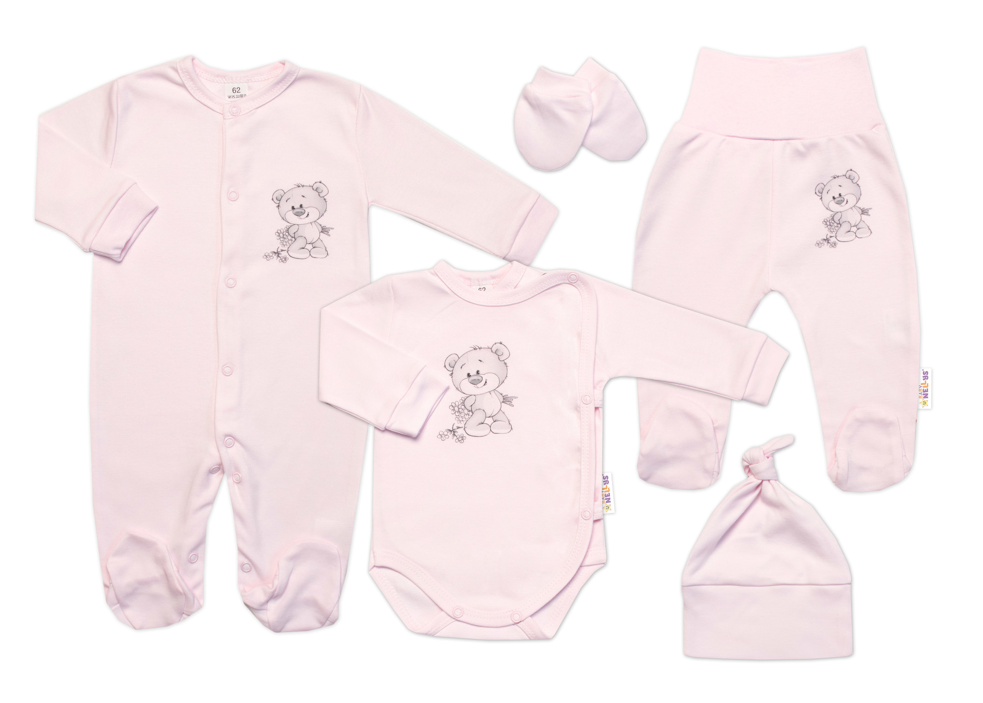 Baby Nellys Soupravička pro miminko, 5D, Little Teddy, růžová, vel. 56
