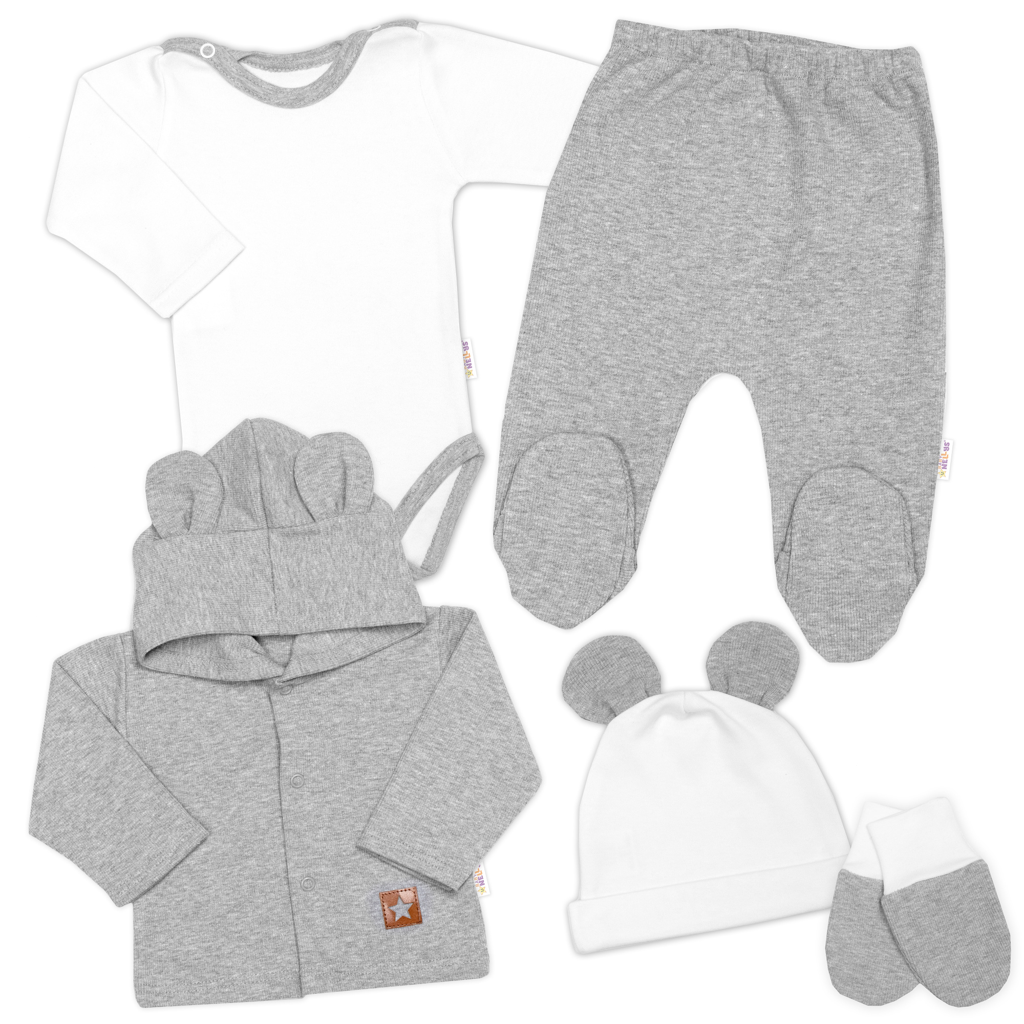 Baby Nellys Žebrovaná sada, Star 5D, body, polodupačky, kabátek, čepička, rukavice, vel.68