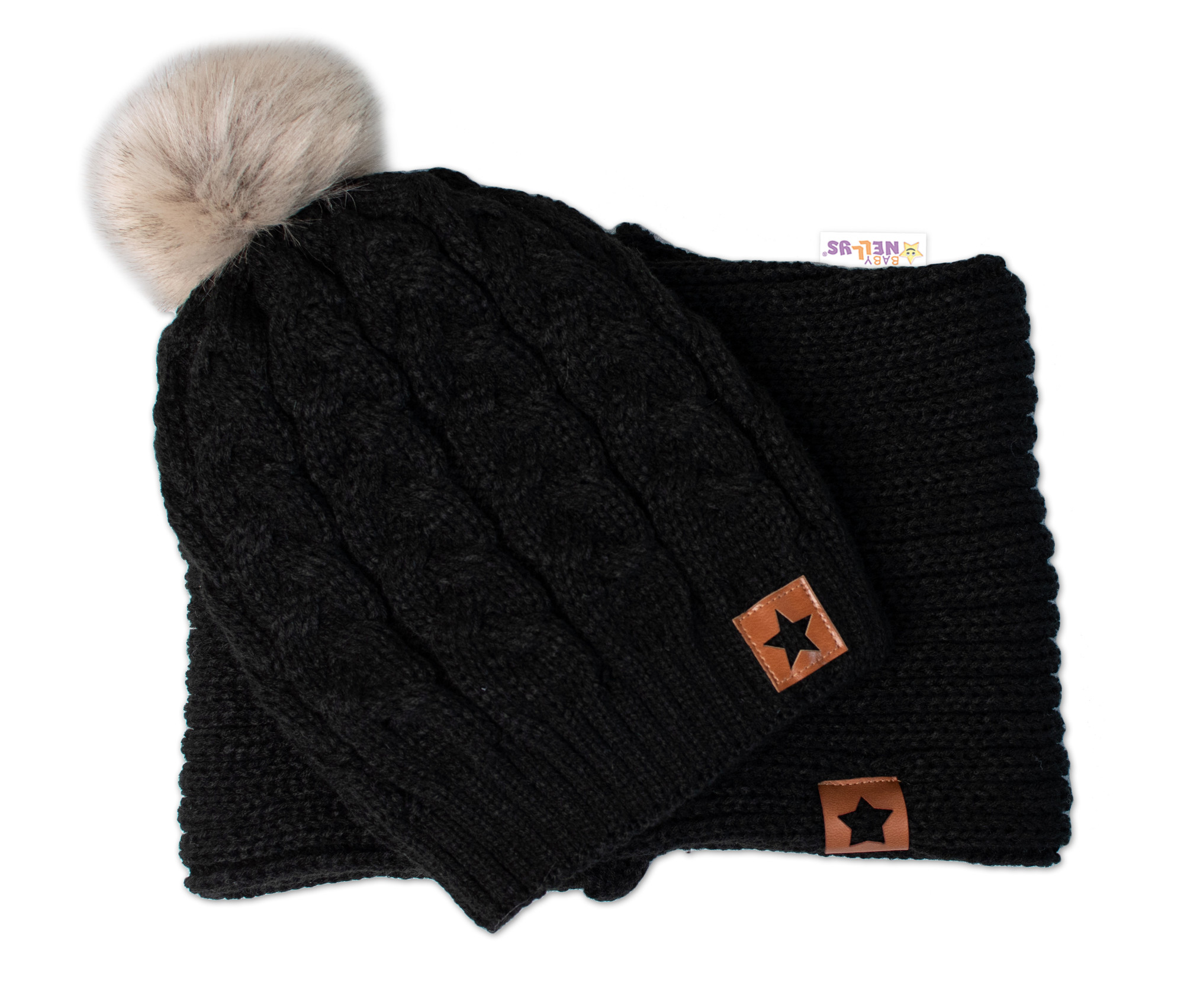 Baby Nellys Zimní dvouvrstvá čepice s bambulí + komínek Star, černá