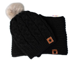 Baby Nellys Zimní dvouvrstvá čepice s bambulí + komínek Star, černá