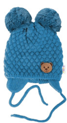 Baby Nellys Zimní pletená čepice Teddy Bear na zavazování, modrá