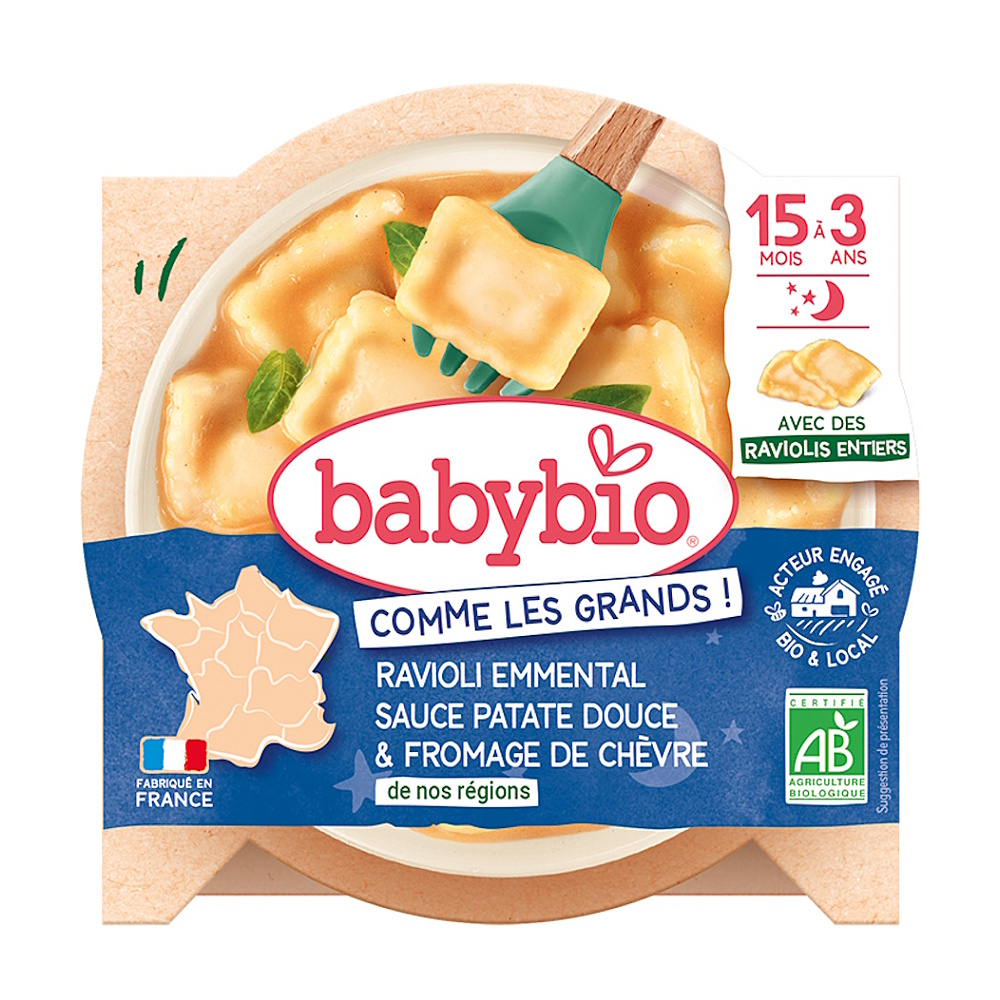 BABYBIO Celé ravioli s ementálem, pyré ze sladkých brambor a sýr 190 g