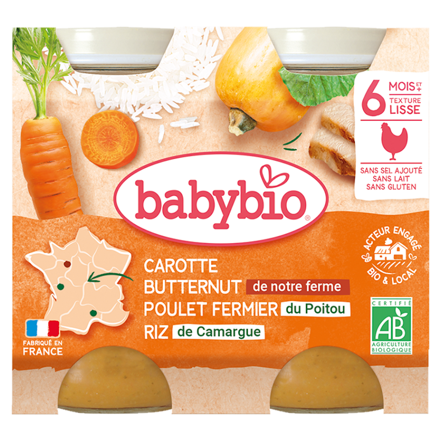 BABYBIO Denní menu Mrkev s máslovou dýní, kuřetem a rýží 2x200 g