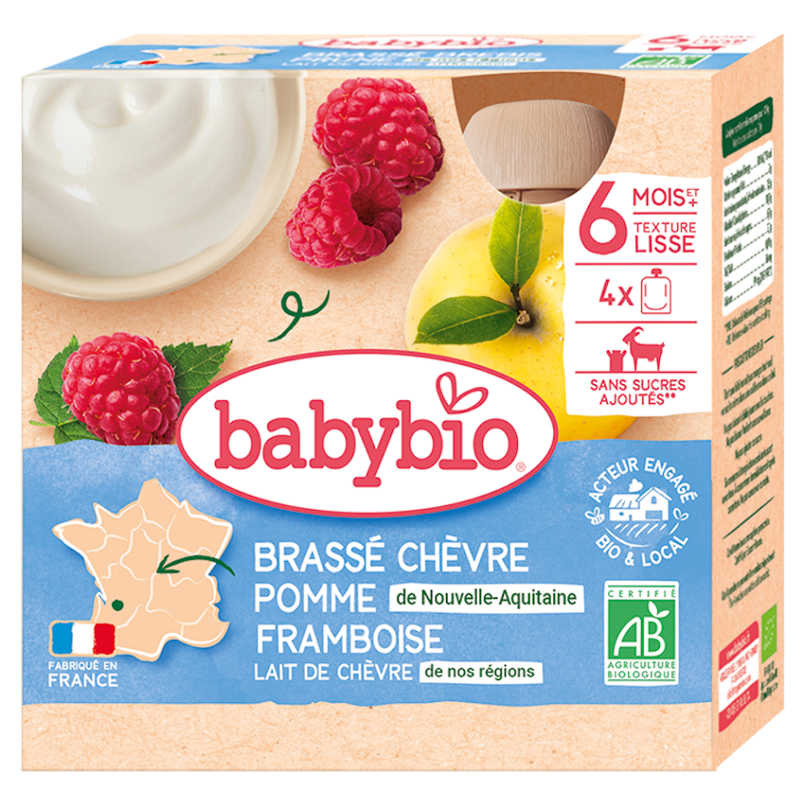 BABYBIO Svačinka z kozího BIO mléka s jablkem a malinami 6m+ 4 x 85 g