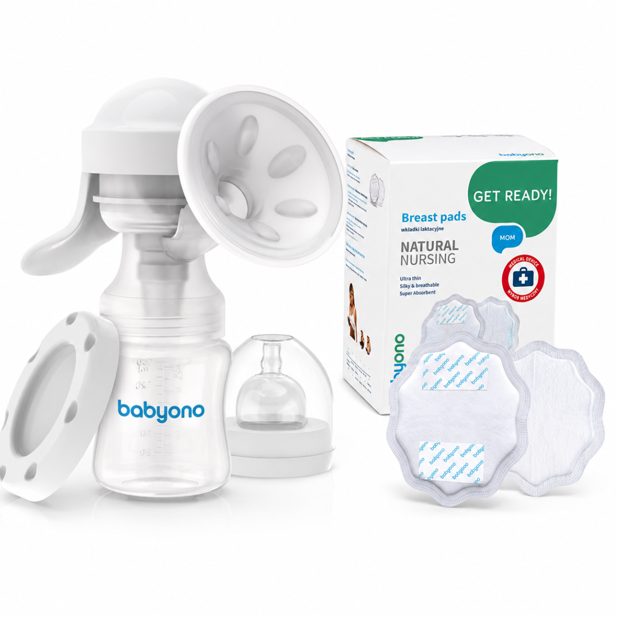Babyono Ruční odsávačka mléka  + Jednorázové ultratenké vložky do podprsenky 24 ks