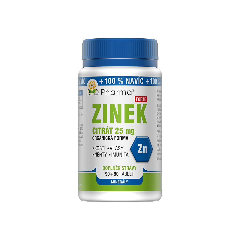 BIO PHARMA Zinek Citrát Forte 25 mg 90+90 tablet