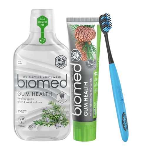 BIOMED Gum Health sada péče o citlivé dásně, zubní pasta 100g, kartáček a ústní voda 500ml