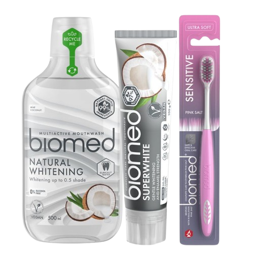 BIOMED Superwhite sada bělicí zubní péče, zubní pasta 75ml, kartáček a ústní voda 500ml