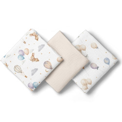 BocioLand Mušelínové pleny 3 ks 70 × 70 cm z jemné bavlny - béžové, Zajíček a balónky