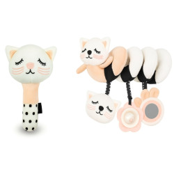 BocioLand Plyšová senzorická spirála + plyšové pískátko Kočička - růžová, bílá