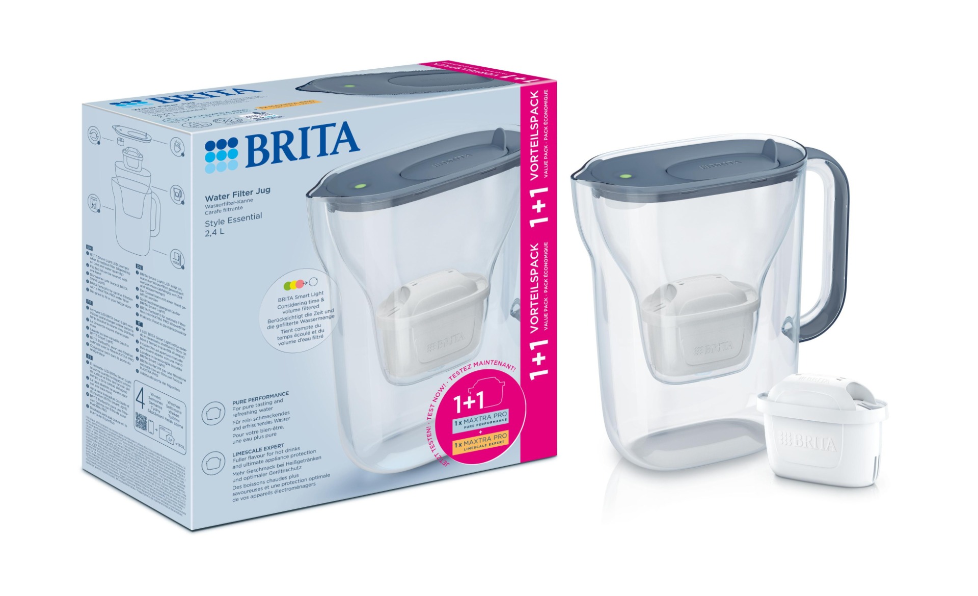 BRITA Style Essential 2,4 l filtrační konvice šedomodrá + 2 filtry na tvrdou vodu