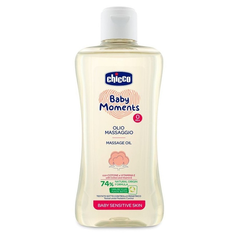 CHICCO Olej masážní s bavlnou a vitamínem E Baby Moments sensitive 74 % přírodních složek 200 ml