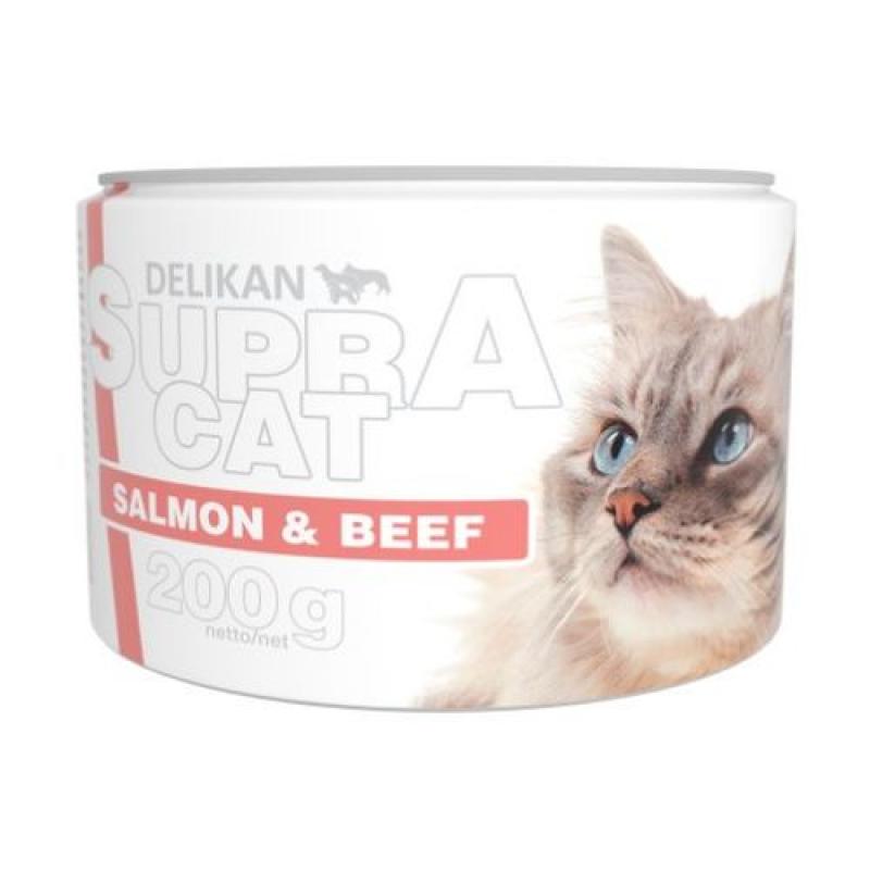 Delikan SUPRA CAT konzerva pro kočky s lososem a kousky hovězí svaloviny 200g