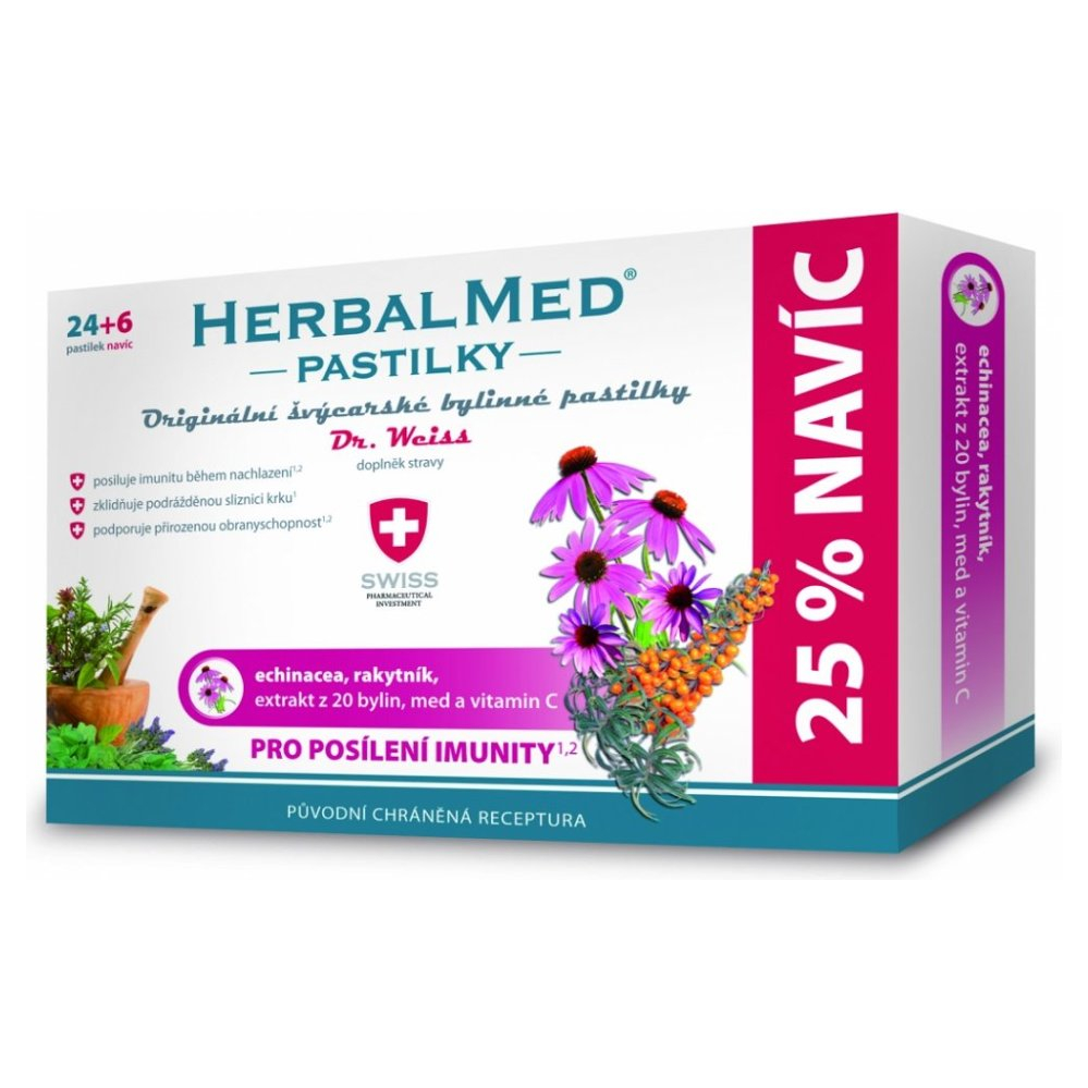 DR. WEISS Herbalmed echinacea + rakytník + vitamín C 24+6 pastilek